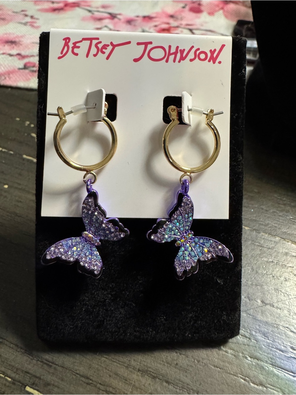 Betsey Johnson Gold-tone Hoop Earrings with Crystal Butterflies